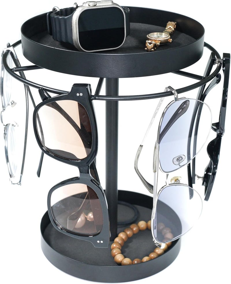 Red Ant Metal Sunglasses Organizer, 360° Rotating Glasses Holder Stand with Storage Tray and Jewelry Box, Eyeglasses Holder with Anti-Slip Pads for Tabletop, Desk, Dresser, Black - Image 1